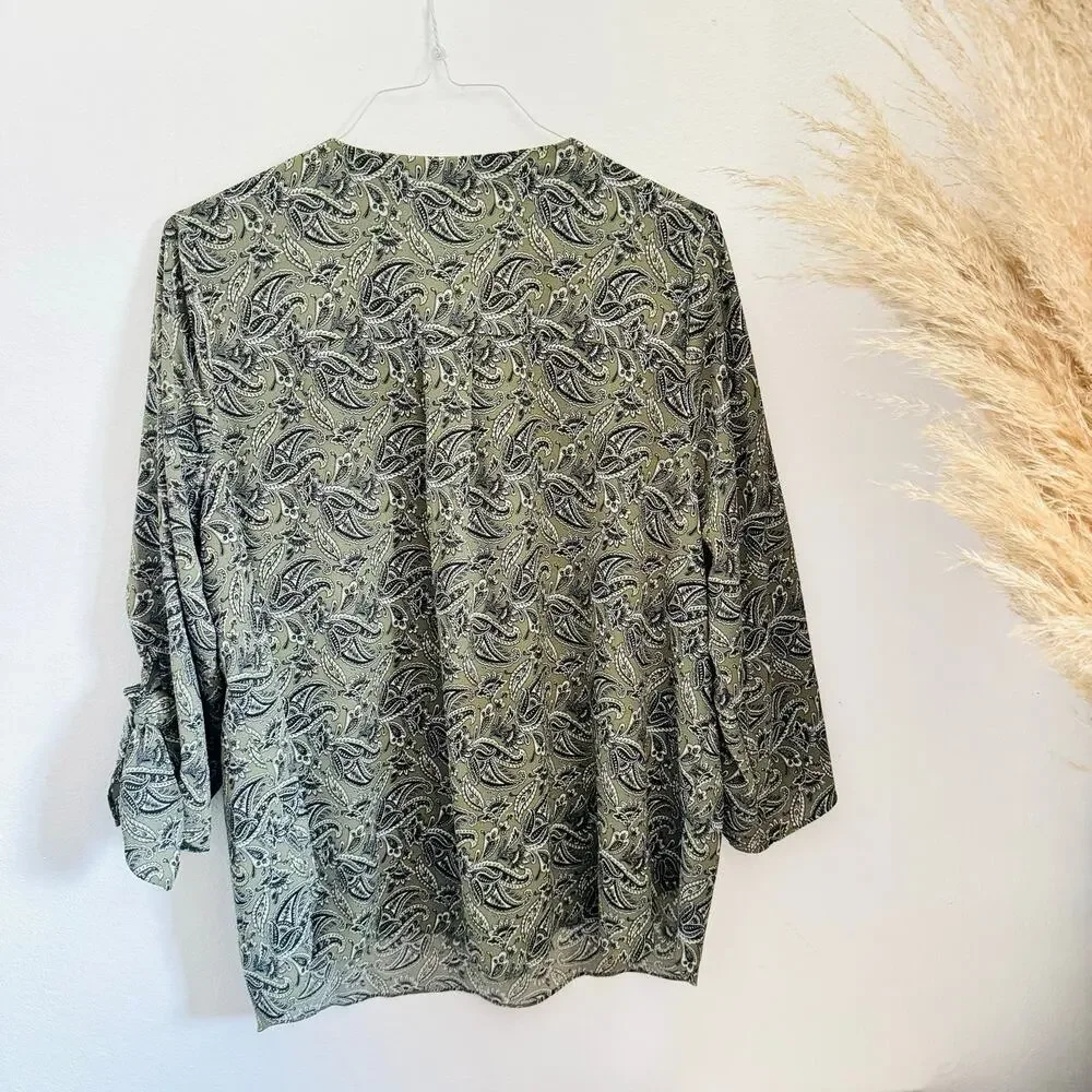 MICHAEL KORS Sage Green White Pasiley Tie Sleeve Tunic $120 Blouse Top Shirt 2X